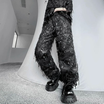 2025 Fashion Sequin Tassel Wide Leg Pants Stage Performance Costume Man Woman Punk Hip Hop Straight Pants Black White Red