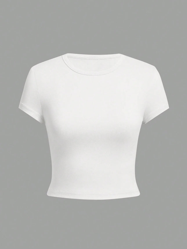 4 Stück Einfarbiges Basic kurzärmeliges, eng anliegendes T-Shirt für Damen, lässiger Sommer-Minimalisten-Damenstil, Oberteil mit Rundhalsausschnitt