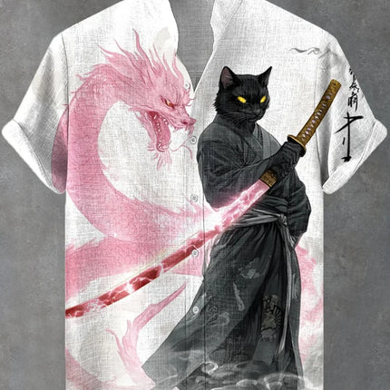 Men's Japanese Retro Art Black Cat Print Shirt Short Sleeve Stand up Collar Single Breasted Casual Linen Top for Vacation