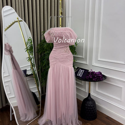 Customized Modern Style Intricate Tulle Pearl Rhinestone Ruched Straight Off-the-shoulder Long Dresses Bespoke Occasion Dresses