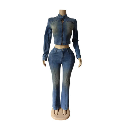 Streetwear Jeans Pants Outfits Sexy Women Two Pieces Elegant Denim Club Matching Set Jacket+Trousers
