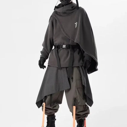 Japanese Heavy Industry Cloak Sweatshirt Functional High Collar Cloak Men's Loose Hooded Fake Two-piece Pullover Couple Coat