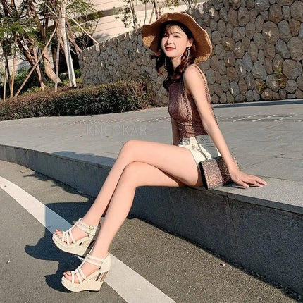 2026 Summer New Line One Button Ultra High Heel Slope Heel Waterproof Platform Ethnic Style Thick Sole 12-14-16cm Women's Sandal