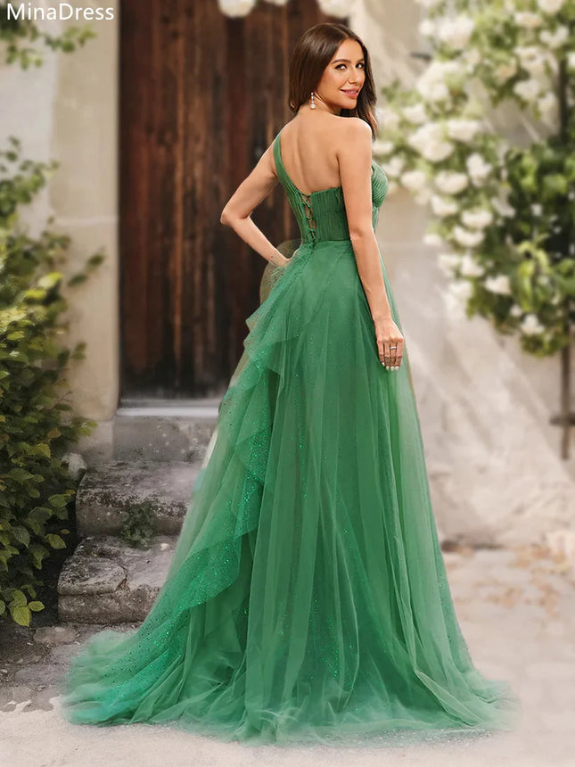 Mina One-Shoulder Elegante Damenkleider für besondere Anlässe Ärmellos Maßgeschneidert Rückenfrei mit Schlitz Rüschensaum Ballkleid Partykleid