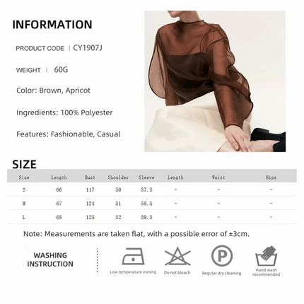 Chic Long Sleeve Mesh Blouse Half-high Collar O Neck Gauze Blouse See Through Cropped Blouse Lady Daily