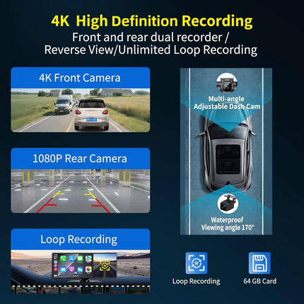 CAIXI Dash Cam 4K 7 10.26 inch Car DVR Wireless Carplay Android Auto GPS Navigation Video Recorder Dashboard Dual Lens Reversing