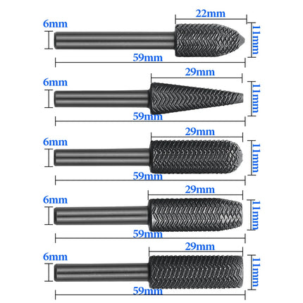 5Pcs Complete models Double Cut Rotary Rasp File Set 6mm Shank Super Hard Steel File For Woodworking Metal Grinding