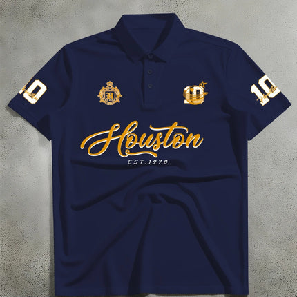 Men's Sports Style Short Sleeved Polo Shirt, Houston Badge Print Retro Outfit for Men's and Women's Daily Wear