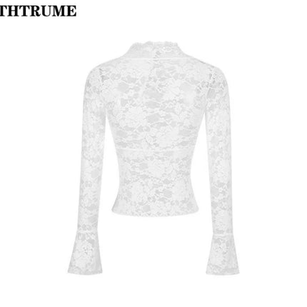 Sexy V-Neck Sheer T-Shirts Flare Long Sleeve Spring Lace Slim Pullovers Tops Casual Evening Party Club Chic