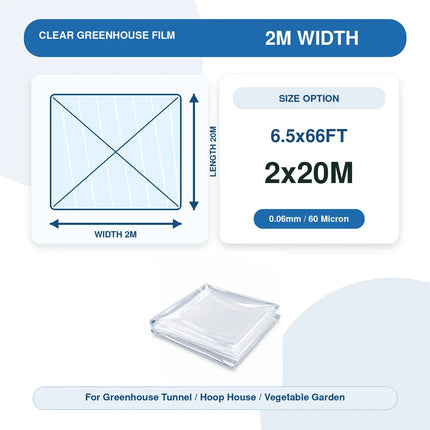 Size infographic for the 2x20M / 6.5x66FT clear greenhouse film