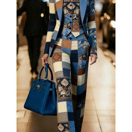 Women's Three Piece Patchwork Printed Lapel Blazer Vest Wide Leg Pants For Business Dinner Street Fashion Occasions