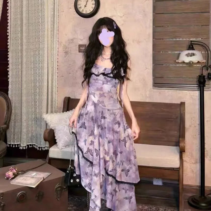 Dress Outfits 2 Piece Sets Women Clothing Lace Crop Shirts Vintage Butterfly Print Gauze Irregular Dresses Suit Chic Summer Set