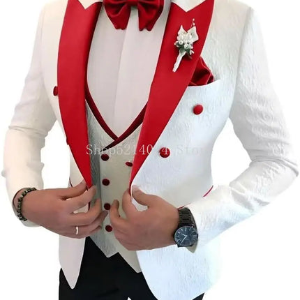 Floral Jacquard 3 Piece Suits for Wedding Slim Fit One Button Tuxedos Blazer Double Breasted Vest Pants