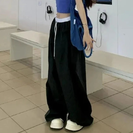Y2K Black Striped Women Cargo Pants Korean Fashion Wide Leg Baggy Trousers Streetwear Autunm Harajuku Hip Hop Oversized Loose