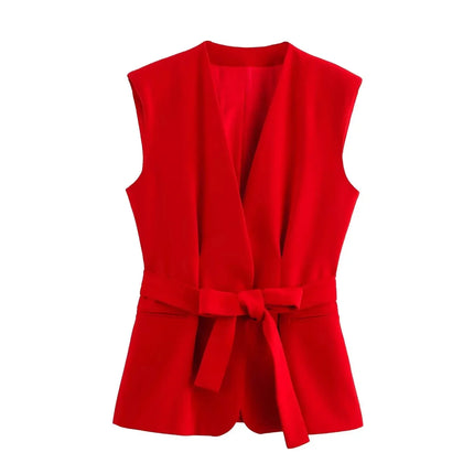 KONDALA Office Lady Chic Red Vest Blazer Suit V Neck Sashes Sleeveless Blazer High Waist Wide Leg Pants Fashion 2025 Summer Sets