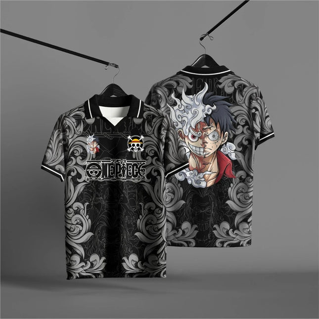 Sommer atmungsaktives einteiliges Luffy Gear 5 3D-Volldruck Trikot Polohemd Weiß Grau Streetwear Unisex Oberteil