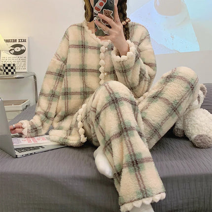 2025 New Flannel Plaid Sleepwear Women Winter Ruffles Pajama Pants Warm 2 Pieces Fluffy Button Night Wears  Set Home Wear