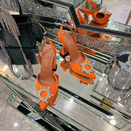 2025 European and American Women's New High Heel Sandals Sunflower Water Diamond Buckle High Heels Pointed Heel Satin Shoes