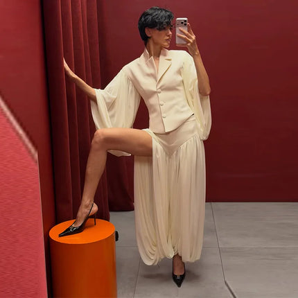 Small Lapel Women's Two Piece Set Flare Sleeve Top High Slit Long Pants Fashion Two Piece Outfit Button Waist Cinching Cardigan