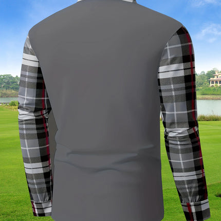 New Men's Long Sleeved Polo Shirt, Fashionable Color Blocking Checkered T-Shirt, Street Versatile Sports T-Shirt