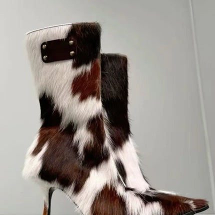 Vogue Cow Print Pointed Toe Mid-Calf Boots Furry Upper Leather Patch Avant-Garde Style Stiletto Mid-calf Boots