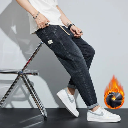 Winter Dark Blue Fleece Jeans for Men Black Loose Straight Casual Trendy Comfortable Versatile Youth Thickened Harem Pants Blue