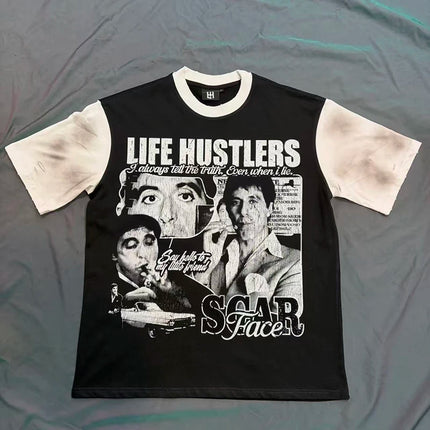 Retro Wash black Skull letter Rhinestone Print Life Hustlers T Shirt Men Woman Fashion Harajuku Hip Hop Shinning Diamond Tees
