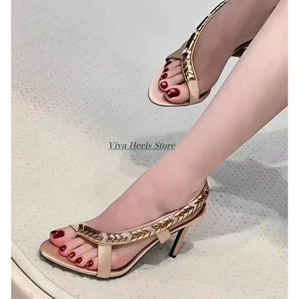 Gold metal chain sexy leather sandals for women champagne/black high heels luxury designer party gift shoes 2026 summer new in