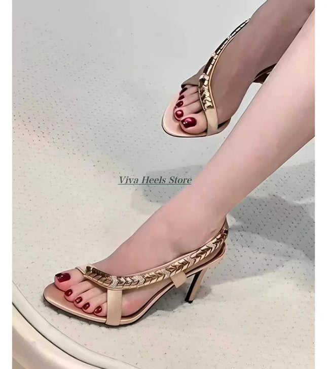 Gold metal chain sexy leather sandals for women champagne/black high heels luxury designer party gift shoes 2026 summer new in