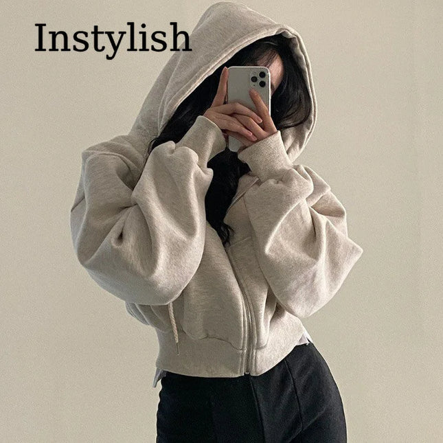 Zippered Long Sleeved Hooded Sweatshirt Loose Casual Simple Trendy Versatile Solid Color Fashionable - product image 2