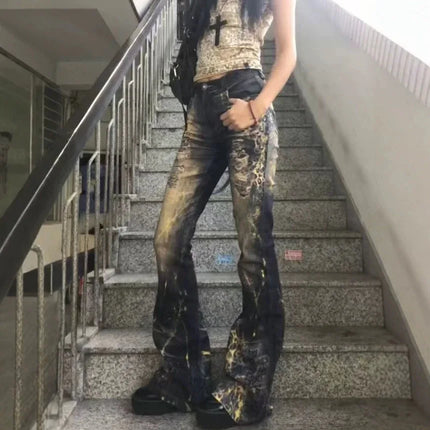 ONE TO WAN Women's Gothic Y2k Flared Jeans Harajuku Trashy Ripped Denim Trousers Streetwear Baggy Jean Pants Vintage Emo Clothes