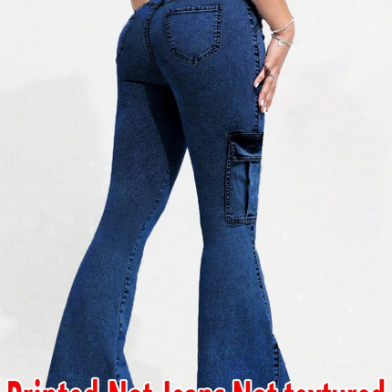 8175 [Printed Pants - Not Faux Denim Fabric][Imitation Faux Denim Flare Pants] Printed Flare Trousers Without Texture