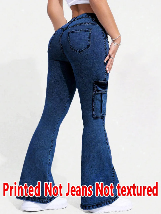 8175 [Printed Pants - Not Faux Denim Fabric][Imitation Faux Denim Flare Pants] Printed Flare Trousers - product image 2