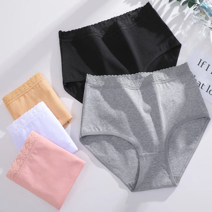 FINETOO 4Pc Women Cotton Lace Floral Briefs Underwear Seamless High Waist Elastic Breathable Panties Female Solid Color Lingerie