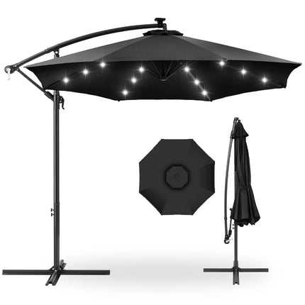 10ft Solar LED Offset Cantilever Hanging Market Patio Umbrella, 8 Sturdy Ribs, Easy Adjustment - Gray, Customized