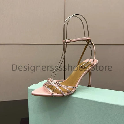 Round Toe Rhinestone High Heel Sandals 10.5CM Luxury Crystal Women Party Dress Sandals Sheepskin Lining Italian Genuine Leather