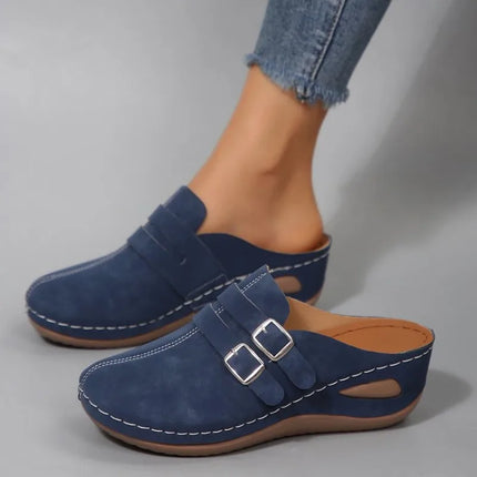 Womens Slip on Mules Clogs Closed Toe Slippers Double Buckle Strap Cutout Stitching Wedge Casual Comfort Nursing Work Footwear