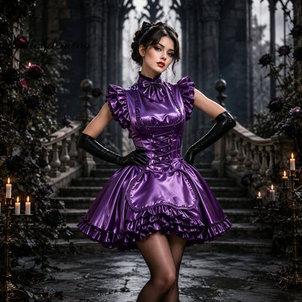 Gothic Gold Satin Maid Costume Prom Dress Corset Lace Up Ruffle High Neck Bow Short Halloween Cosplay Party Dress Customized