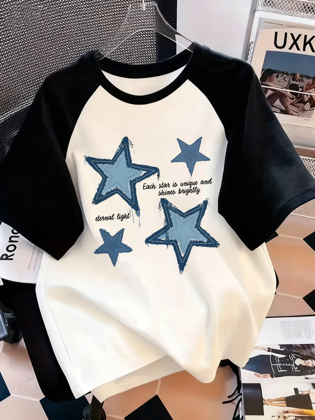 Y2K Hip Hop Blau Stern Druck Buchstaben Druck Rundhals T-Shirt Lässiges Kurzarm-Top für Frühling Sommer Damenbekleidung