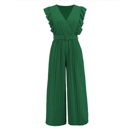 Women's Jumpsuit Long Pants Flying Sleeve V-neck High Waist Belt Cropped Fold Pants Solid Color Temperament Fashion Women's Wear