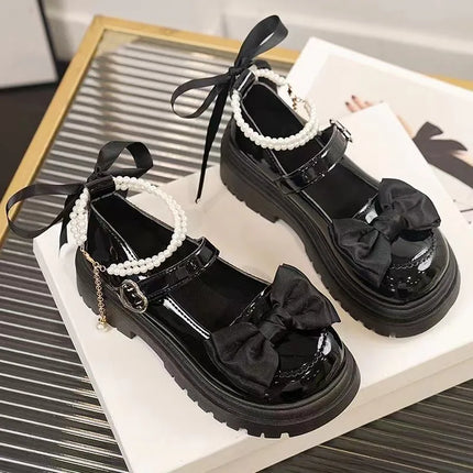 Lolita Shoes Heart Buckle Women Sweet Bow Pearl Chain Mary Janes Shoes Woman PU Leather Thick Bottom Party Pumps Mujer Zapatos