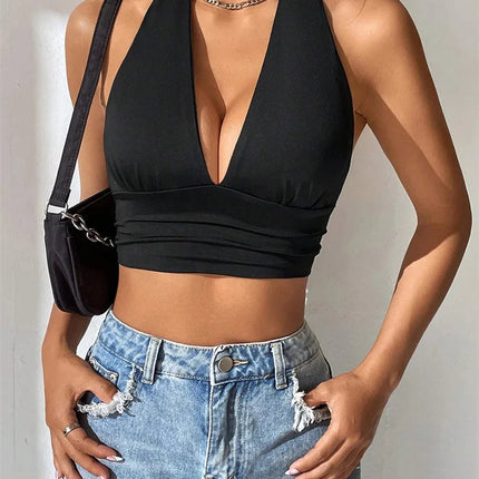 Sleeveless Backless Deep V-neck Halter Top Women Summer 2024 Club Party Sexy Solid Color Crop Tops Streetwear Y2K Clothes