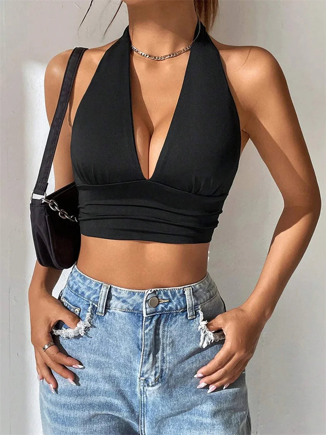 Sleeveless Backless Deep V-neck Halter Top Women Summer 2024 Club Party Sexy Solid Color Crop Tops