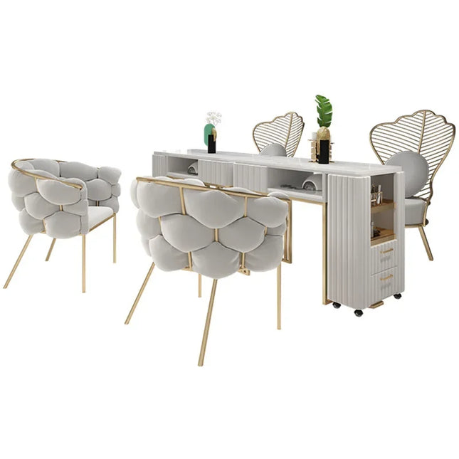 Juego de Muebles para Salón de Belleza Profesional de Uñas, Escritorio y Silla de Manicura de Lujo, Mesa de Cliente Blanca de Hierro y Metal para Sala de Estar