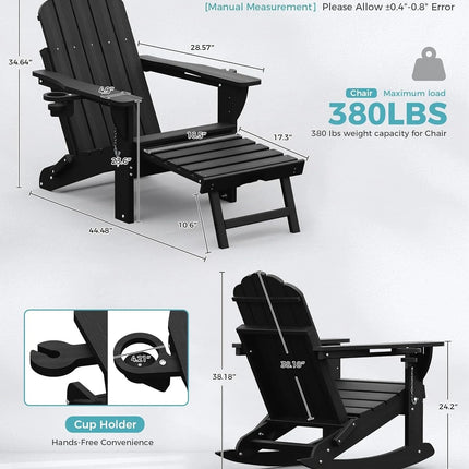 All Weather HDPE Adirondack Rocking Chairs Set Of 2, Foldable Patio Rocker Chairs With Retractable Ottoman And Cup Holder, Outdoor Lounge Seating For Porch Backyard Deck Garden Poolside, Black