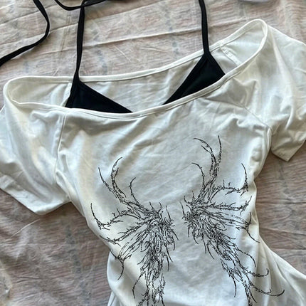 Gothic print fake two-piece top women's slim fit cut summer casual chic pattern T-shirt Y2K streetwear