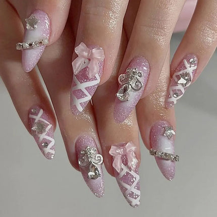 24pcs Long Ballerina Fake Nails 3d Flowers Decor Green French Press on Nails Full Cover Wearable European Spice Girl False Nails