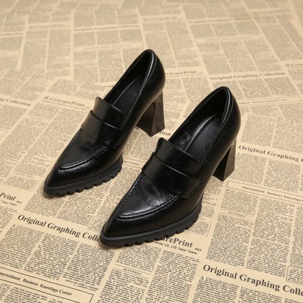 Elegant Black British Style Square Head Flats Women's High Heels Chunky Heel Shoes Comfortable Low Rubber Sole Fashion Footwear