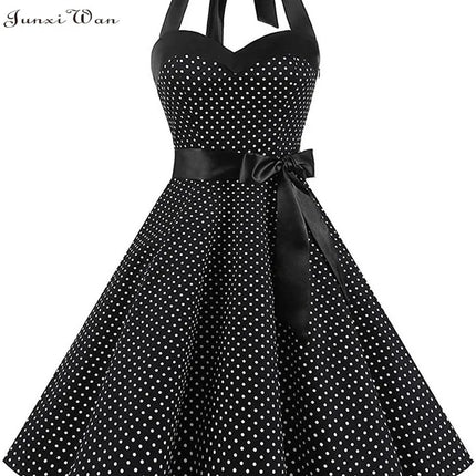 Women Polka Dot Print Summer Dress Sexy Retro White Halter Vintage Dress Robe Femme Pin Up Rockabilly Party Dress