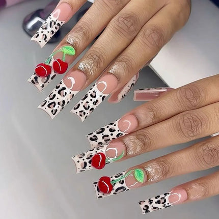 24pcs Long Ballerina Fake Nails 3d Flowers Decor Green French Press on Nails Full Cover Wearable European Spice Girl False Nails